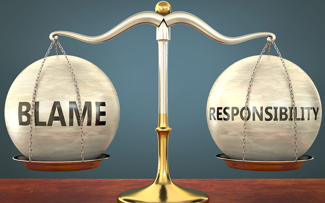 blame and responsibility staying in balance - pictured as a metal scale with weights and labels blame and responsibility to symbolize balance and symmetry of those concepts, 3d illustration.