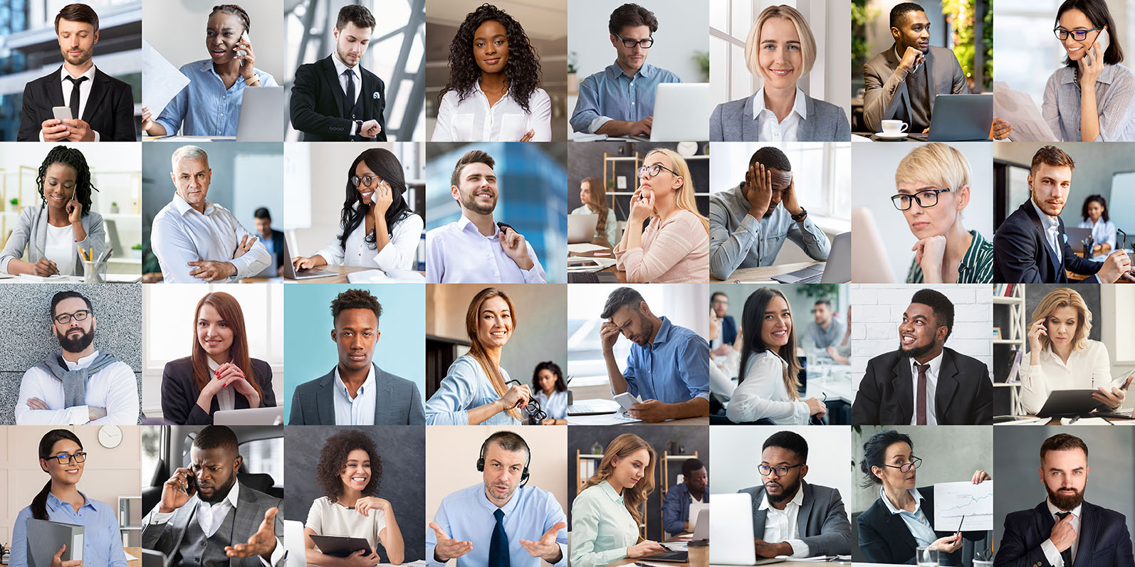 Mosaic of male and female business portraits. Corporate employees of different ages and races showing range of face expressions, performing work tasks, using modern technologies