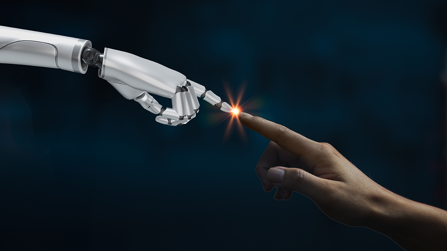 Hand human finger touch cyborg robot white 3d rendering.